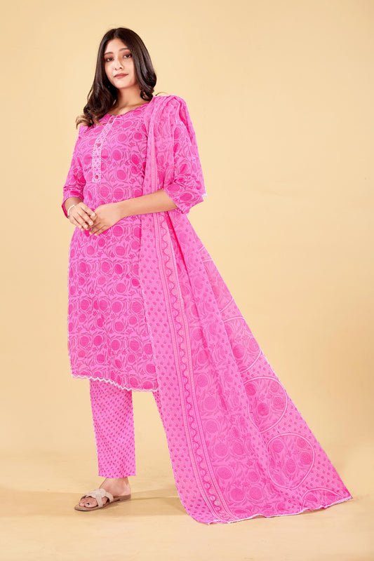 Vibrant Pink Floral Cotton Kurta Set with Dupatta