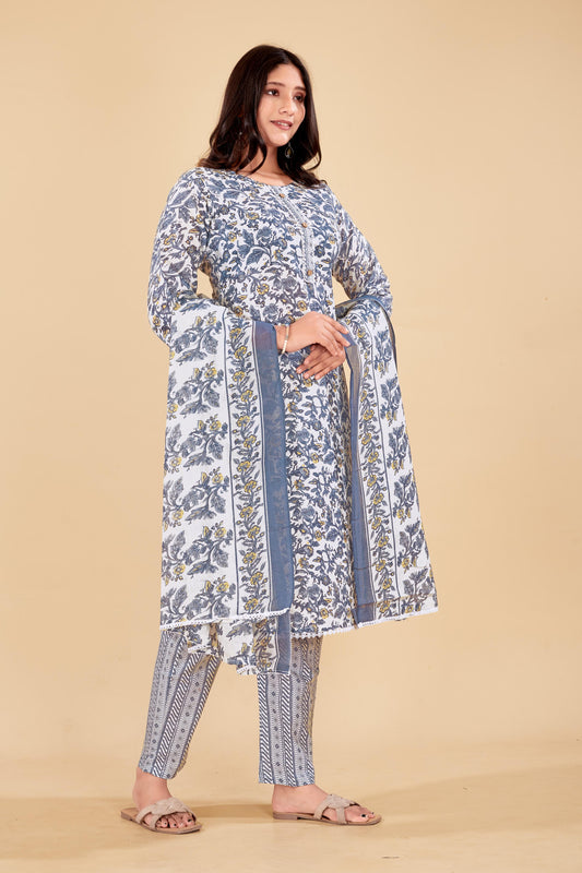 Elegant Floral Printed Cotton Kurta Set with Dupatta