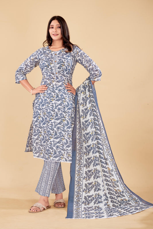 Elegant Floral Printed Cotton Kurta Set with Dupatta
