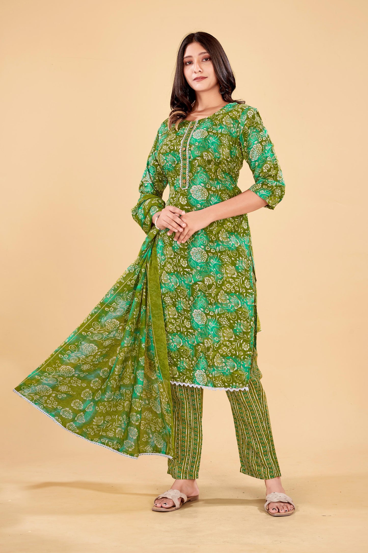 Moss Green Floral Cotton Kurta Set with Dupatta