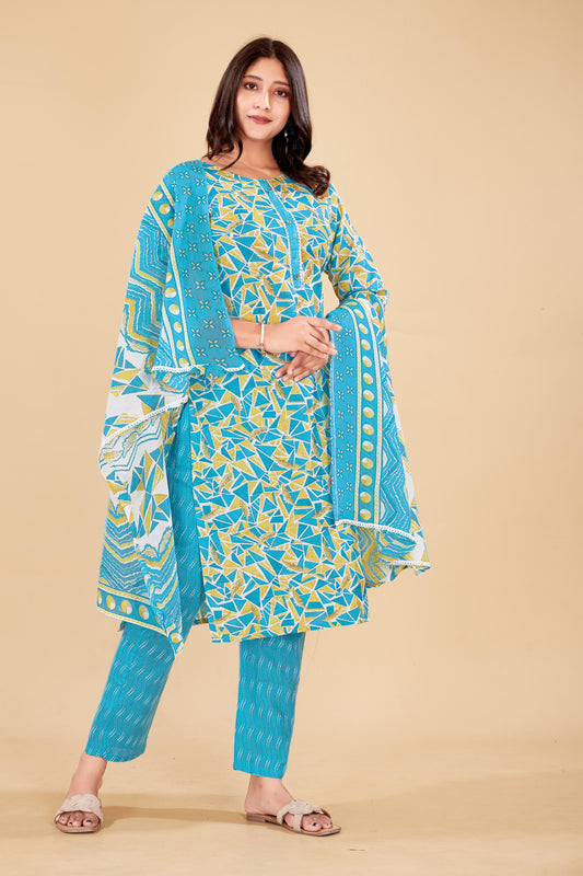 Abstract Print Cotton Kurta Set in Turquoise & Mustard