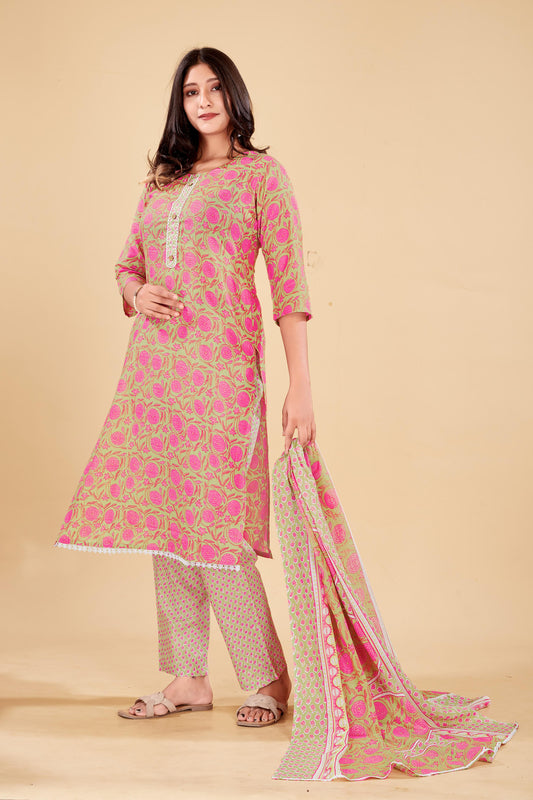 Pastel Pink Floral Kurta Set with Printed Dupatta