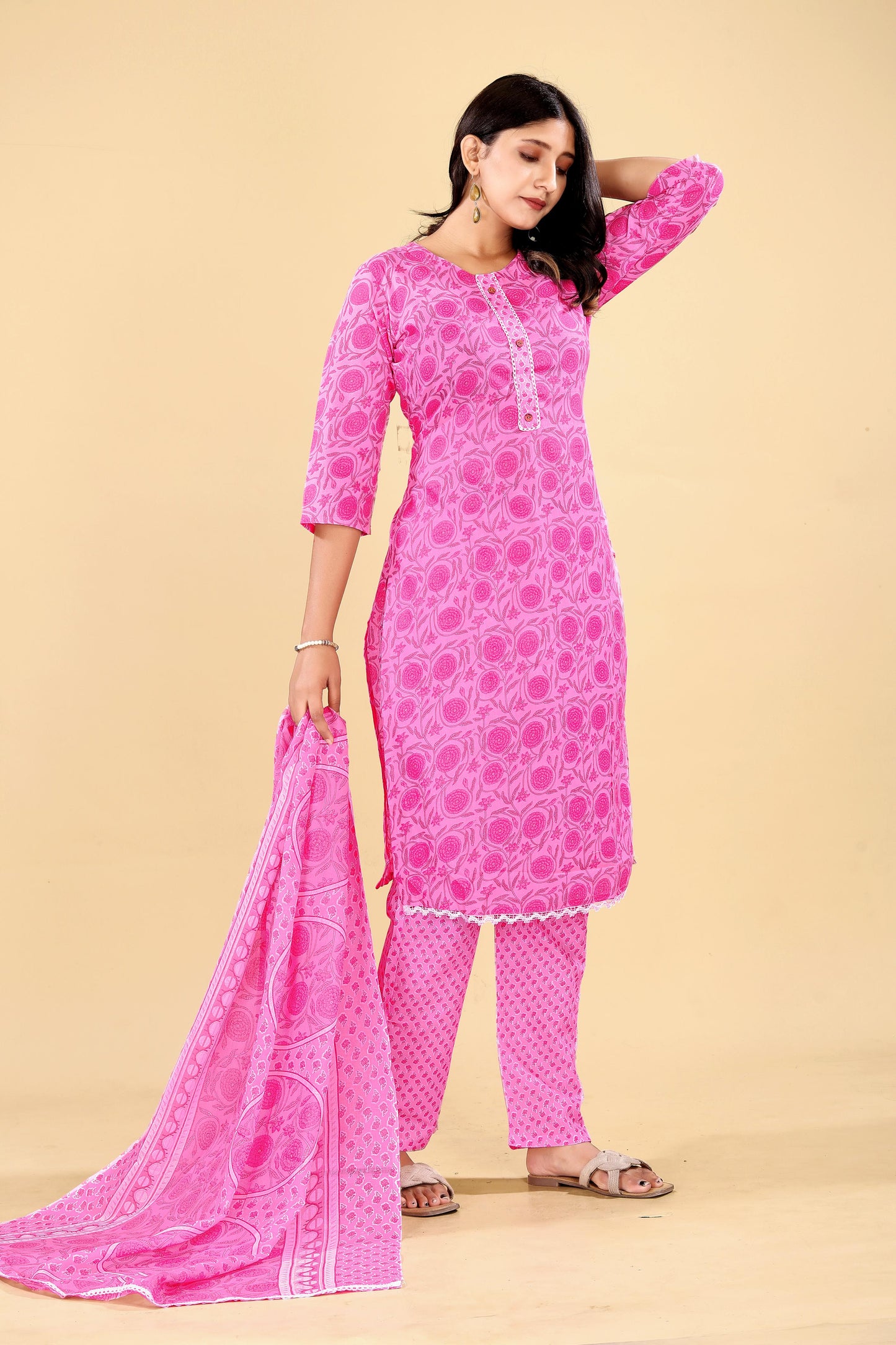 Vibrant Pink Floral Cotton Kurta Set with Dupatta