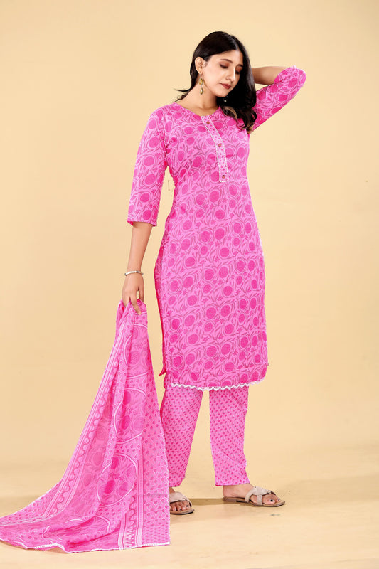 Vibrant Pink Floral Cotton Kurta Set with Dupatta