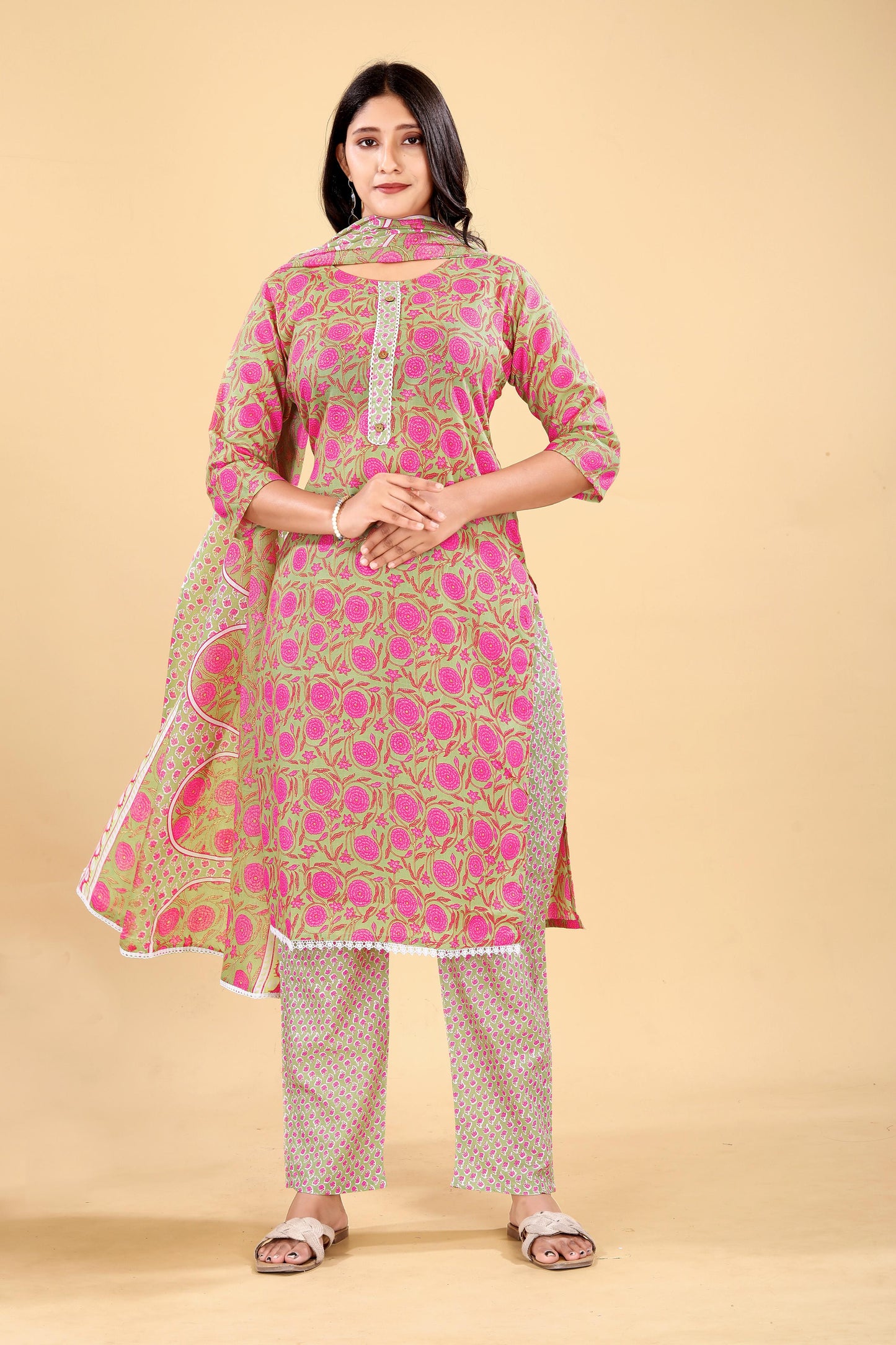Pastel Pink Floral Kurta Set with Printed Dupatta