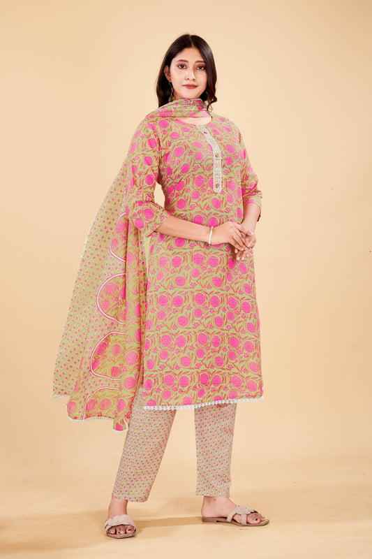 Pastel Pink Floral Kurta Set with Printed Dupatta