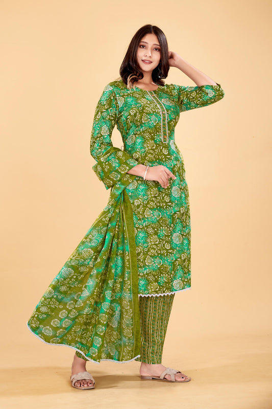 Moss Green Floral Cotton Kurta Set with Dupatta