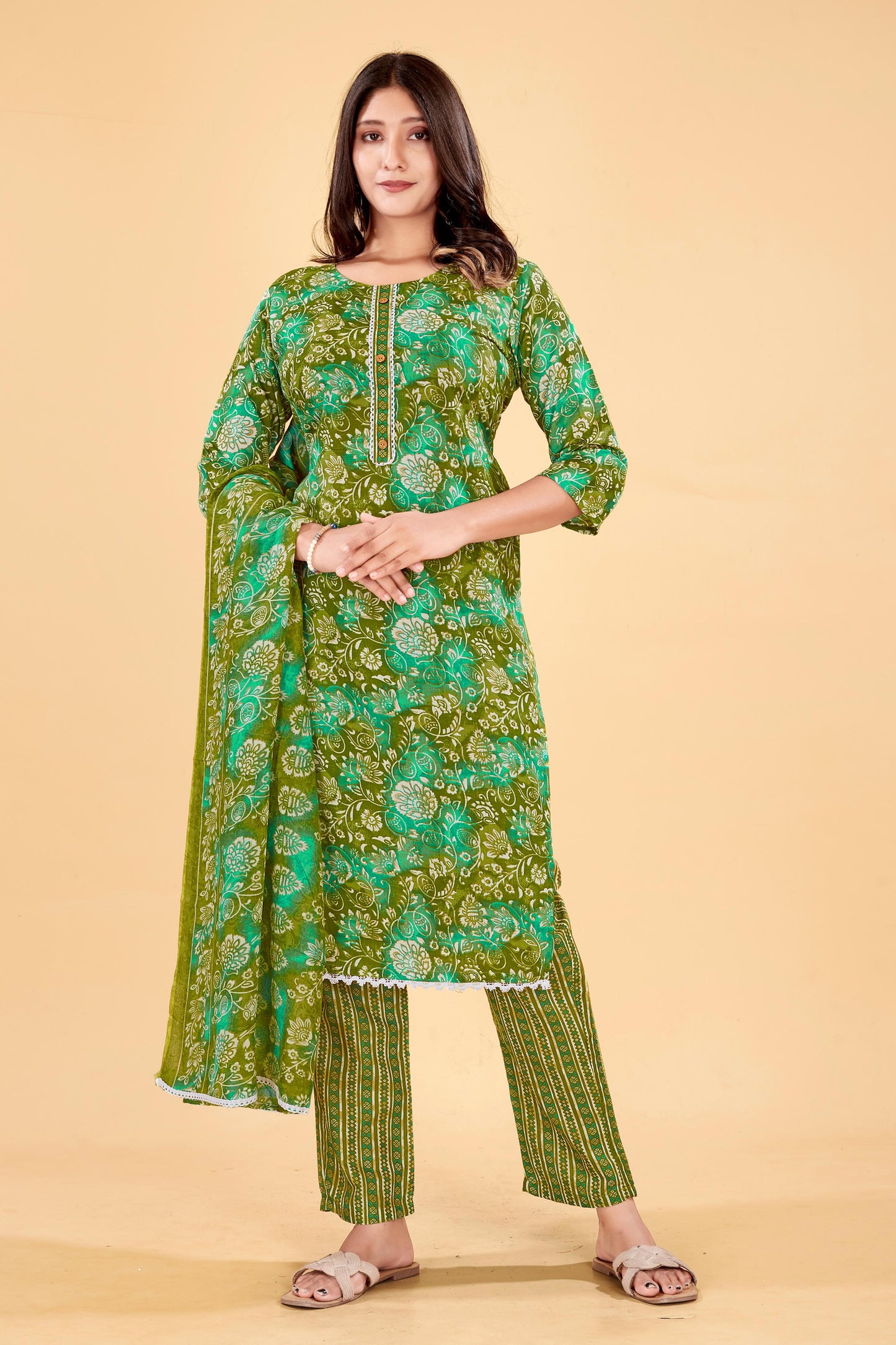 Moss Green Floral Cotton Kurta Set with Dupatta