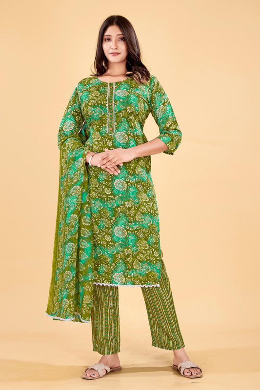 Moss Green Floral Cotton Kurta Set with Dupatta