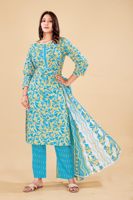 Abstract Print Cotton Kurta Set in Turquoise & Mustard