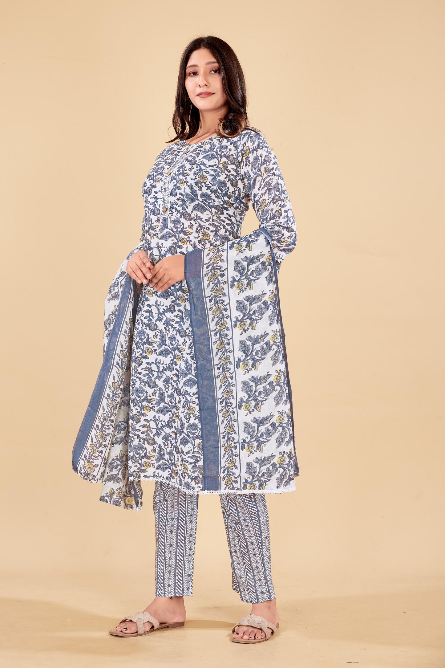 Elegant Floral Printed Cotton Kurta Set with Dupatta