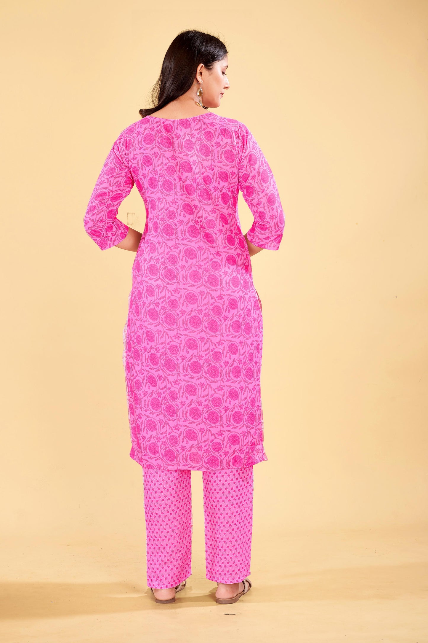 Vibrant Pink Floral Cotton Kurta Set with Dupatta