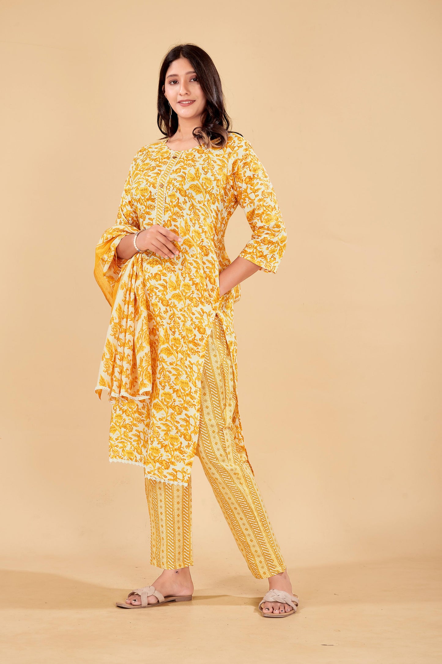 Sunshine Yellow Floral Cotton Kurta Set with Dupatta