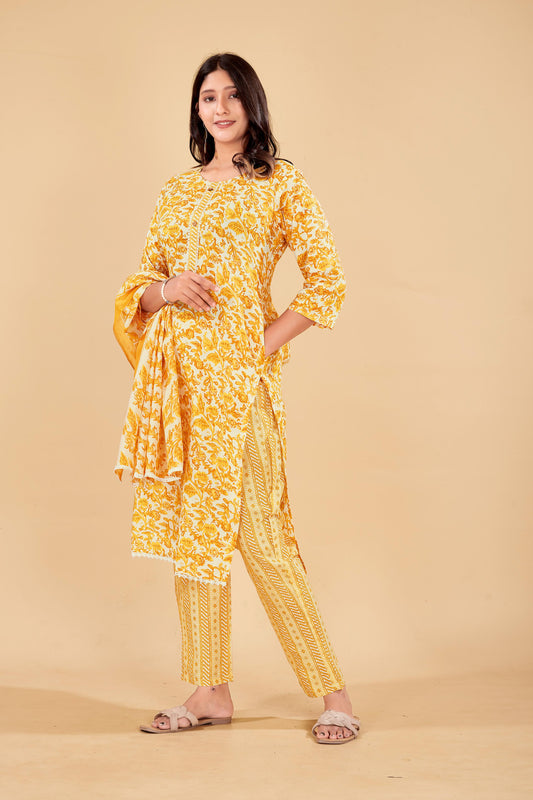 Sunshine Yellow Floral Cotton Kurta Set with Dupatta