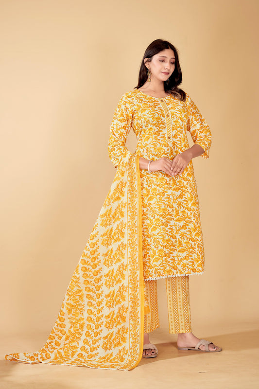 Sunshine Yellow Floral Cotton Kurta Set with Dupatta