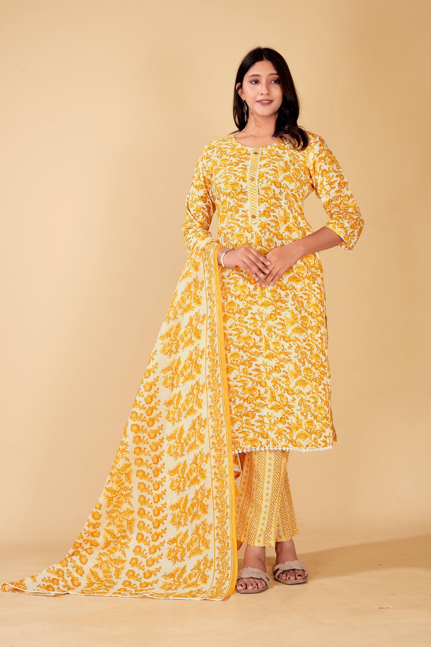 Sunshine Yellow Floral Cotton Kurta Set with Dupatta