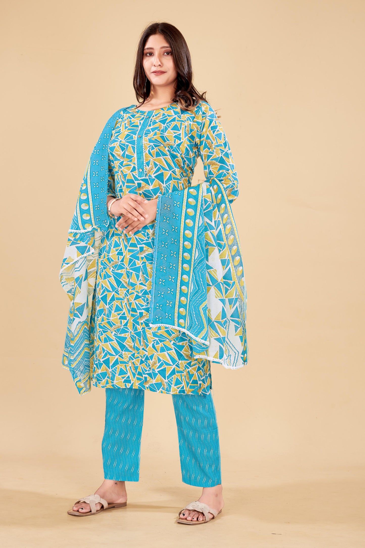Abstract Print Cotton Kurta Set in Turquoise & Mustard