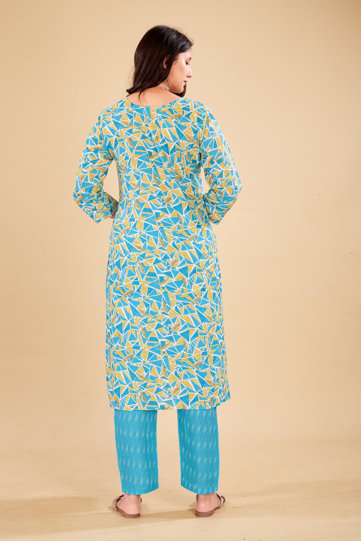 Abstract Print Cotton Kurta Set in Turquoise & Mustard